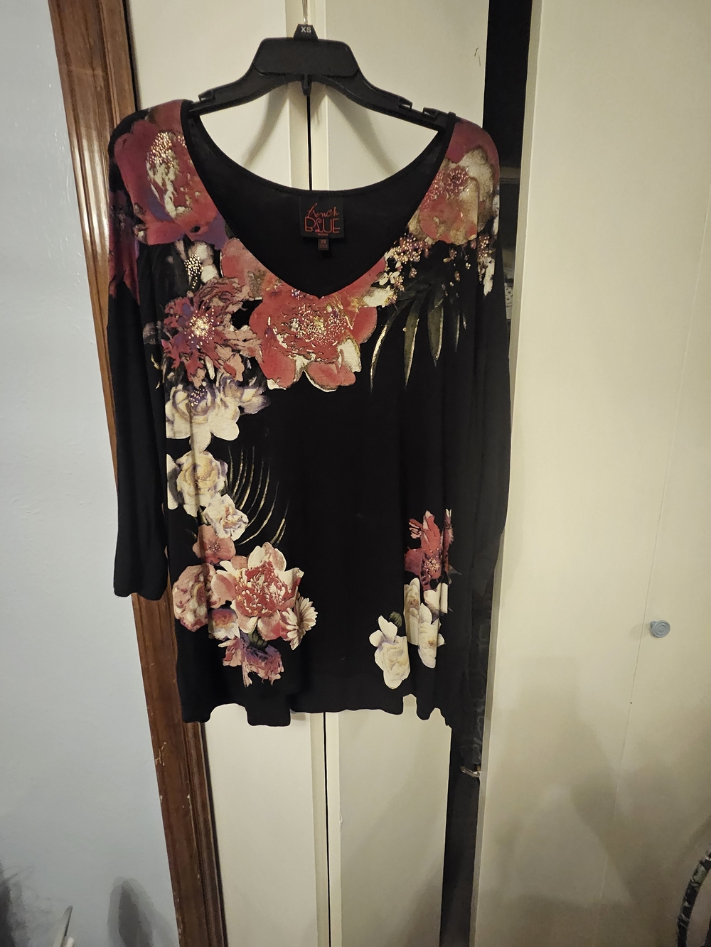 French Connection Black Floral V-Neck Tunic with Pink and Cream Blooms